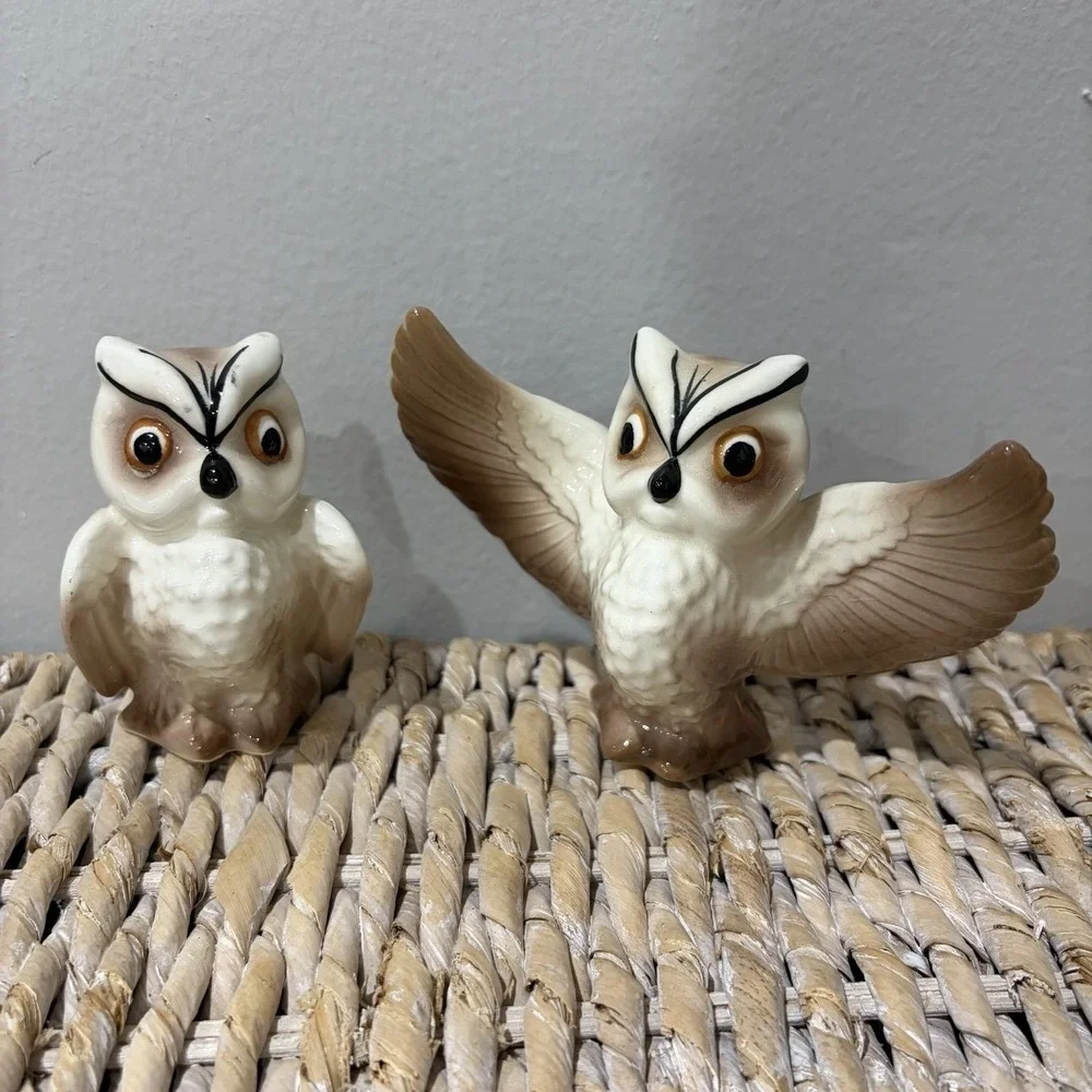 Vintage Owl Salt And Pepper Shakers Hand Painted Porcelain Japan Open Wings‎ MCM